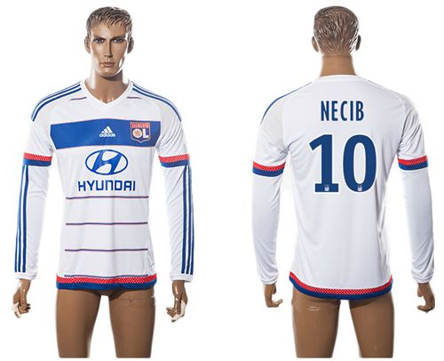 Lyon #10 Necib Home Long Sleeves Soccer Club Jersey - Click Image to Close